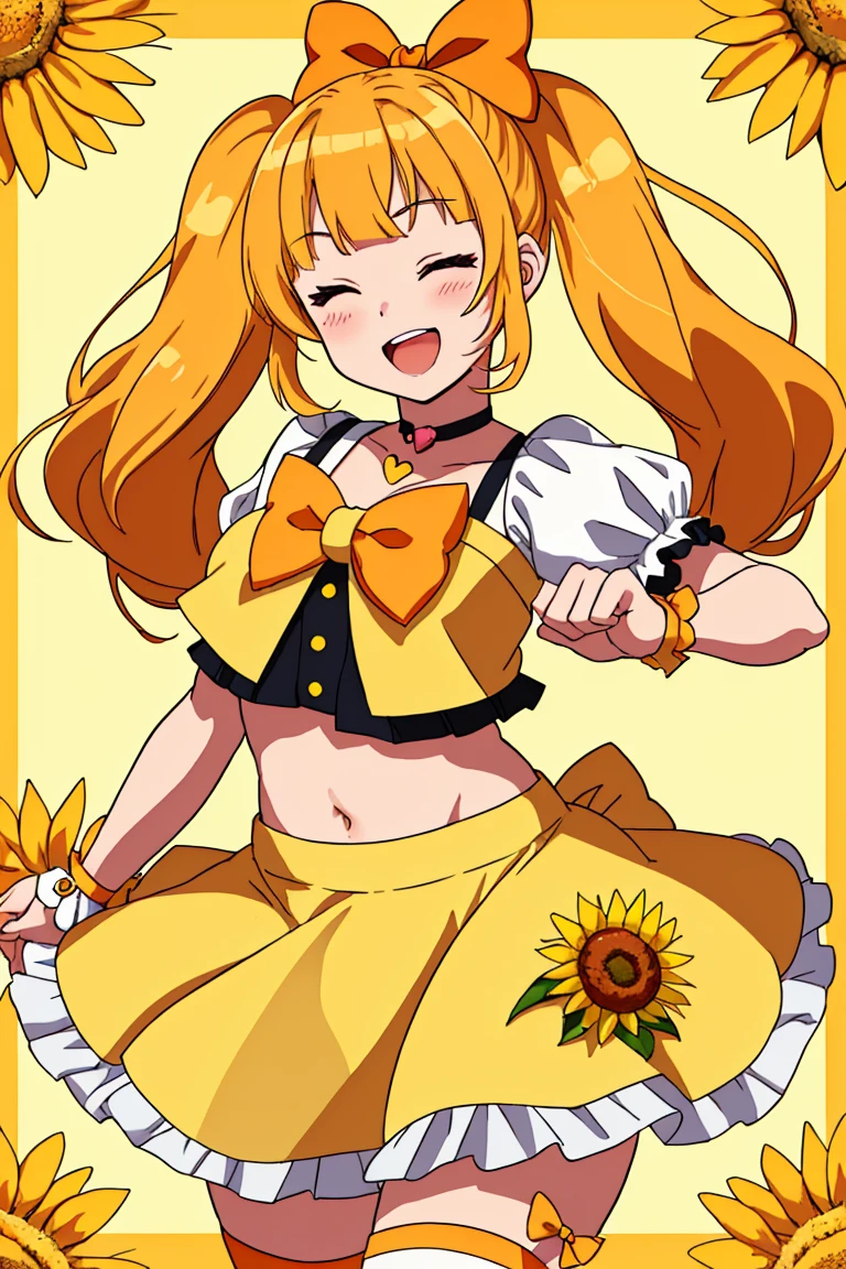 1girl, myoudouin itsuki, cure sunshine, jewelry, brooch, solo, sunflower, long hair, twintails, heart brooch, one eye closed, blonde hair, magical girl, skirt, choker, orange choker, orange bow, yellow eyes, midriff, bow, flower, boots, smile, ribbon, knee boots, hair ribbon, heart, yellow bow, wrist cuffs, open mouth, navel, floral background, orange skirt, <lora:Prettycute v2:0.7>