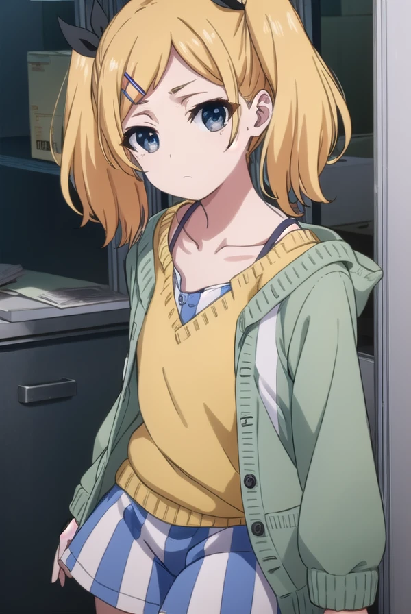 erikayano, <lora:erika yano s1-lora-nochekaiser:1>,
erika yano, short hair, blonde hair, hair ornament, twintails, hairclip, mole, (grey eyes:1.3), mole under eye, short twintails, ribbon, hair ribbon,
BREAK cardigan, shorts, (green cardigan:1.2), thighhighs, striped, striped thighhighs, grey shorts,
BREAK indoors, office,
BREAK looking at viewer, (cowboy shot:1.5), dynamic pose,
BREAK <lyco:GoodHands-beta2:1>, (masterpiece:1.2), best quality, high resolution, unity 8k wallpaper, (illustration:0.8), (beautiful detailed eyes:1.6), extremely detailed face, perfect lighting, extremely detailed CG, (perfect hands, perfect anatomy),