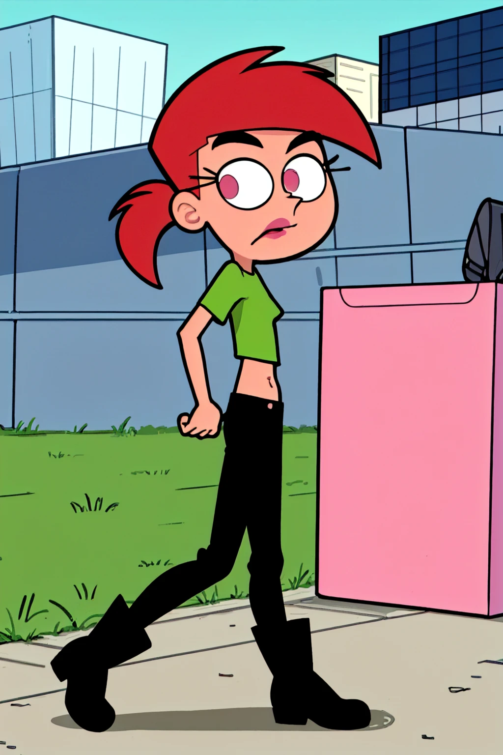 vicky, ponytail, lipstick, solo, 1girl, green crop top, pink eyes, black pants, standing, short sleeves, looking at viewer ,midriff,boots,  <lora:Vicky3:0.6>