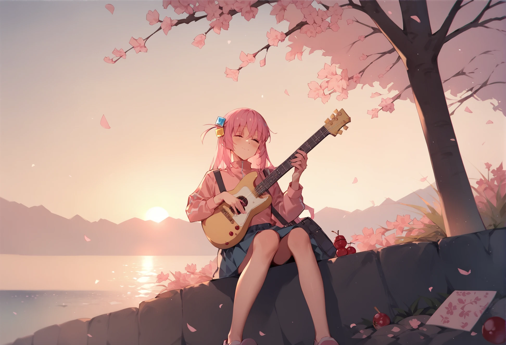 score_9, score_8_up, score_7_up, score_6_up, score_5_up, score_4_up, a girl playing guitar gotoh hitori from bocchi the rock!, sunset, cherry blossoms, blonde hair, pink hair, one side up, sitting
<lora:ka_style_xl_v2-000021:.8>