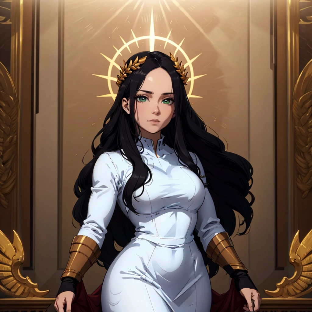 high quality, 1girl, solo, god empress,   long hair, black hair,  brown eyes, laurel crown, parted bangs, forehead, halo, <lora:God_Emperess_Of_Mankind_Leaf1:0.8>,  cowboy shot,  white dress,  god rays,