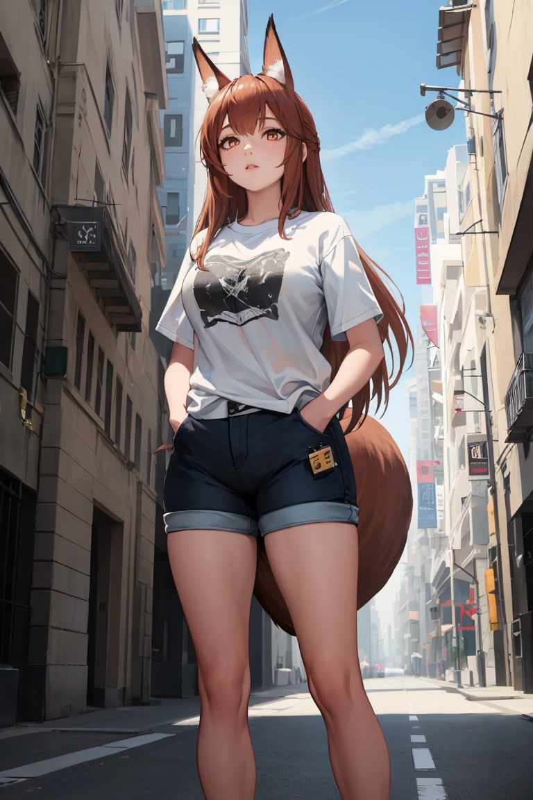 masterpiece, best quality, absurdres, 1girl, solo, FrankaArknights, long hair, fox tail, t-shirt, denim shorts, standing, outdoors, city, hands in pockets, <lora:FrankaArknights:1>