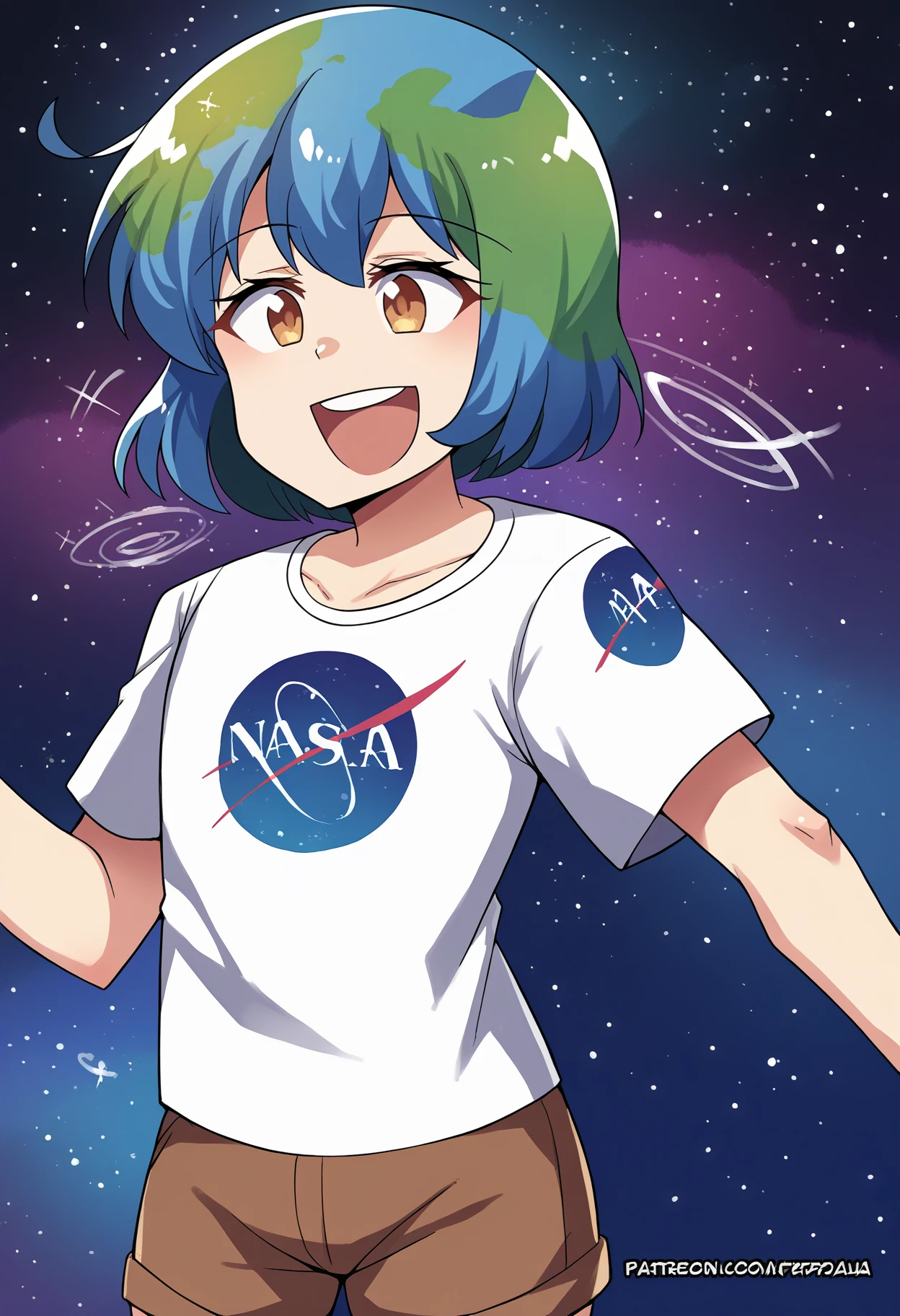 score_7_up, source_anime BREAK <lora:hinghoi-artist-richy-v1_pdxl:1> 1girl, solo, standing, smile, space, nebula, open mouth, <lora:gijinkaseries_earth_ponyXL:1>earth-chan, white shirt, short sleeves, brown shorts