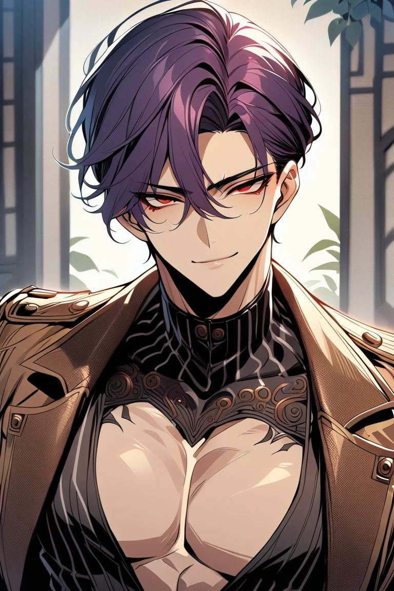 1male, men, dark purple hair, red eyes, sharp, arrogant, arrogant smile, wearing stylish clothes, fantasy detailed background, detailed body, detailed face, detailed eyes,(masterpiece,best quality,highres:1.3),detailed,manhwa, detailed_face<lora:EMS-310465-EMS:0.800000>, <lora:EMS-289246-EMS:0.700000>
