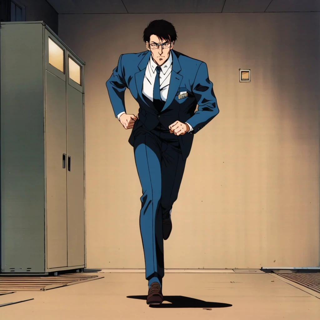 <lora:HirakawaMasumi001:0.7>,
HirakawaMasumi,1man,black hair,short hair,black eye,eyewear,retro artstyle,1980s (style),
business_suit,
full body,running,