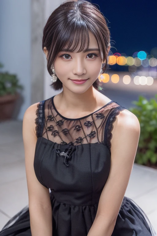 1girl, (sleeveless, lace dress:1.6),(RAW photo, best quality:1.4), (realistic, photo-realistic:1.4), masterpiece, an extremely delicate and beautiful, extremely detailed, 2k wallpaper, Amazing, finely detail, extremely detailed CG unity 8k wallpaper, ultra-detailed, highres, soft light, beautiful detailed girl, extremely detailed eyes and face, beautiful detailed nose, beautiful detailed eyes,cinematic lighting,(blurry,bokeh backgound:1.6),(city, night:2.0),perfect anatomy,(slender body:1.0),(close up face,focus face:1.6),(gently smile,Friendly, warm:1.8),(looking at viewer:1.8), (short hair:1.6), (japanese idol:1.8), (brown eyes:1.4),(standing:1.6),(cleavage:0.8), <lora:sekiguchirisa_lora-02:0.8>