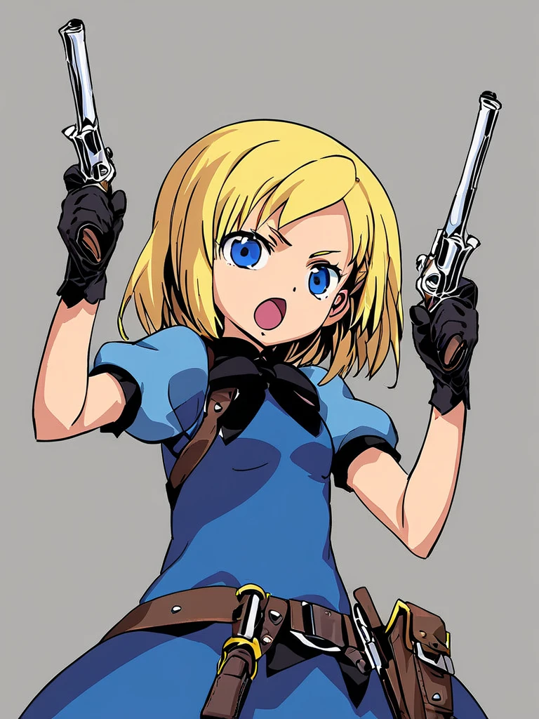 <lora:Himukai-PonyXL-1024px:1>
source_anime,
1girl, solo, holding revolver, aiming, wearing (blue dress, belt, short puffy sleeves, black gloves, holster, ribbon), blonde hair, blue eyes, open mouth