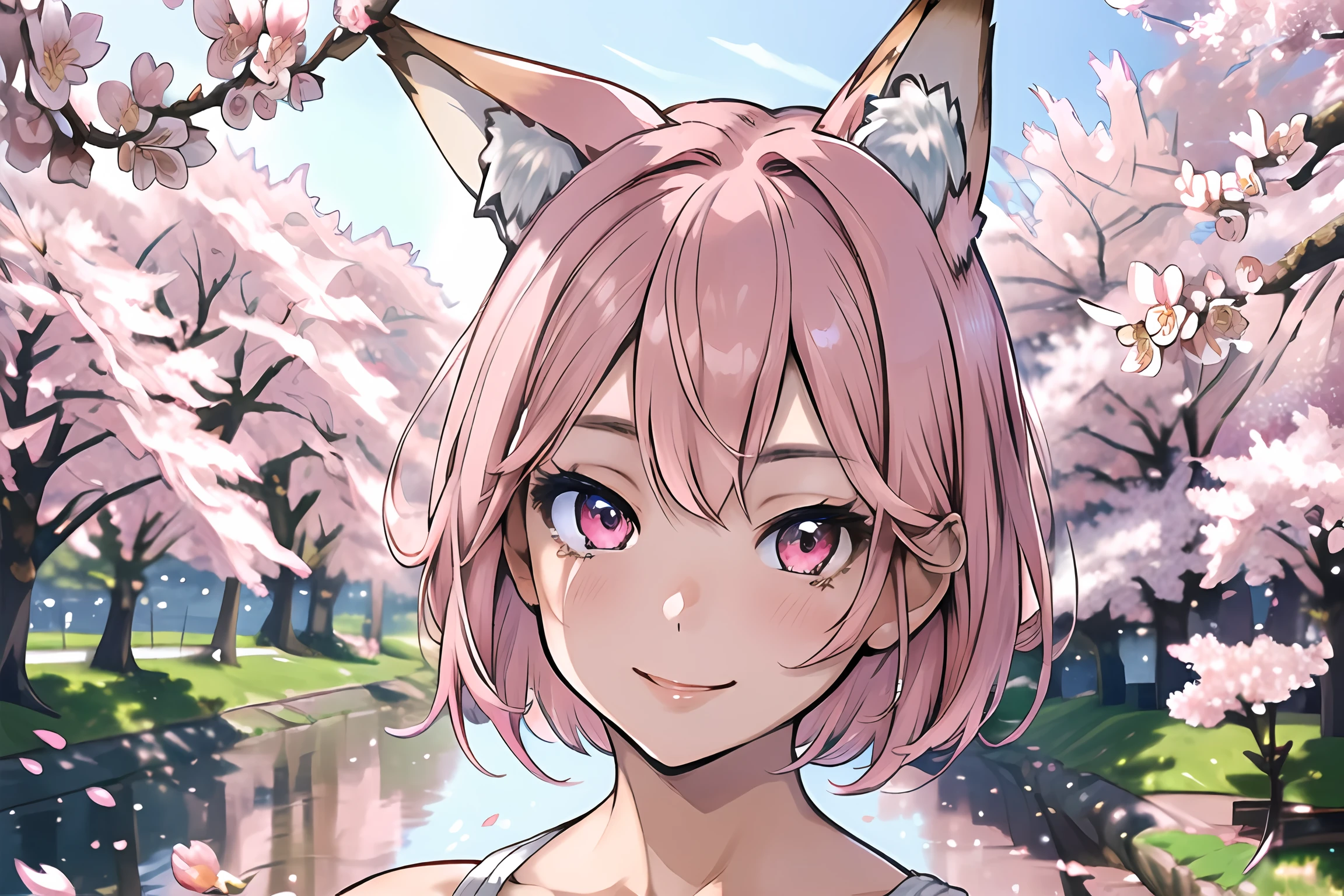 masterpiece, best quality, ultra-detailed, 1girl, detailed water, short hair, pink hair, light pink eyes, , ((close-up)), roses, everywhere roses, gorgeous, cherry blossoms, cherry, cherry blossoms tree, smile, view from front, fox ears