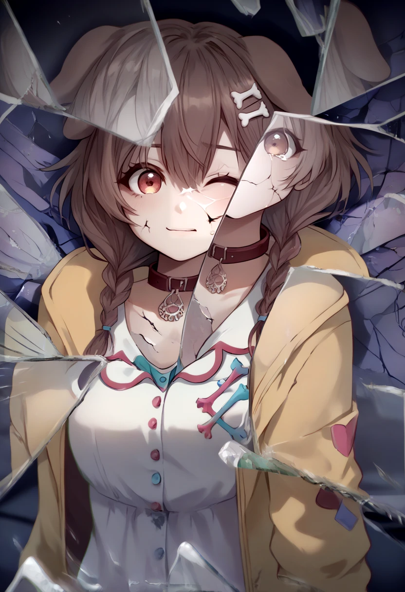 score_9, score_8_up, score_7_up, source_anime, 1girl, IncrsXLBrknGls, broken glass, reflection, upper body, <lora:BreakingGlassXLPDCAME:1.1>, <lora:koroneXL:1>, korone_base, yellow jacket, white dress, off shoulder, animal collar, low twin braids, bone hair ornament, dog tail, crack, cracked skin, cracked glass, breaking, shattered, shatter, happy, ^ ^,