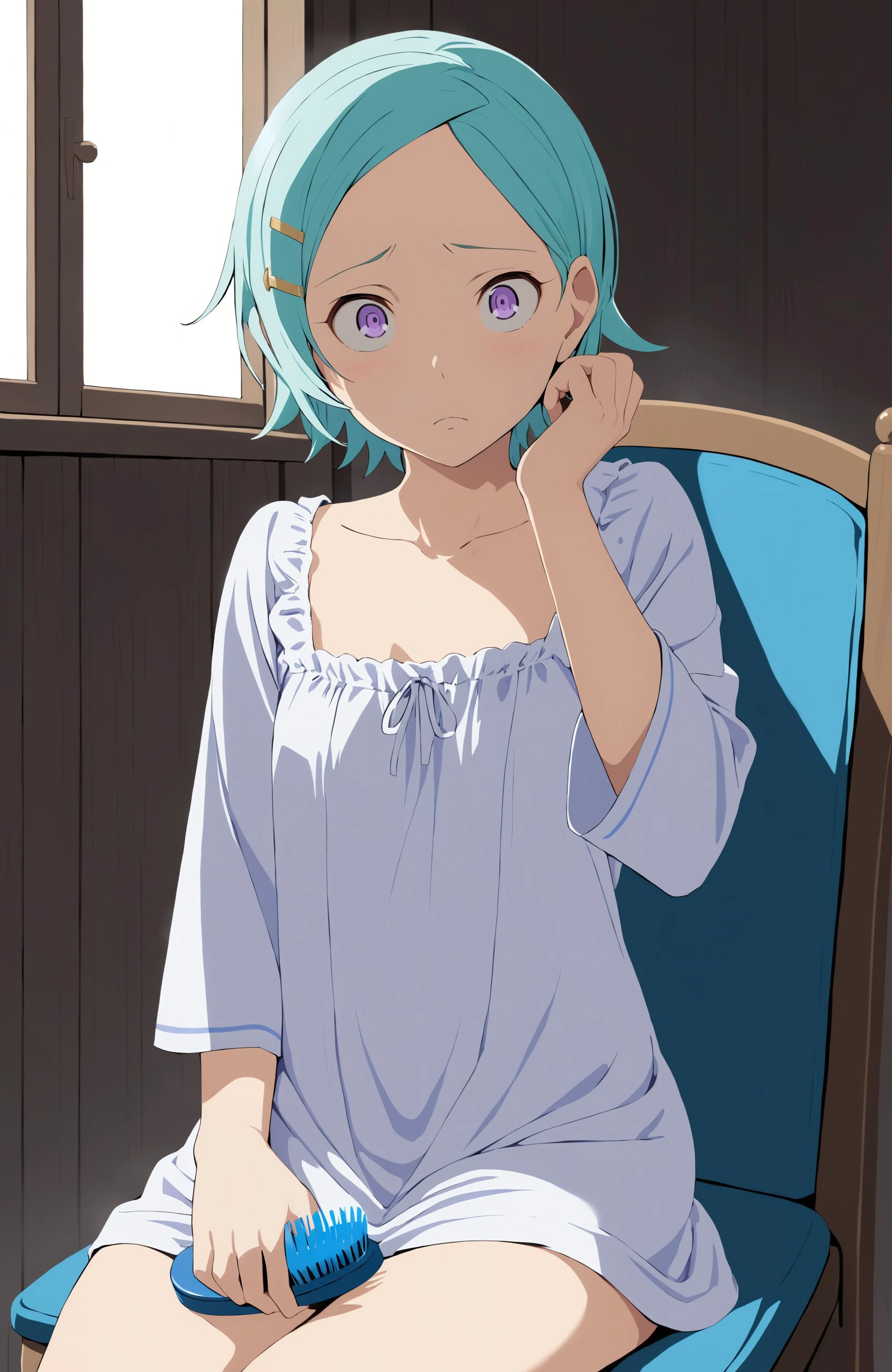1girl, eureka, worried, sitting, on chair, head tilt, looking away, brushing hair, hair brush, nightgown BREAK
aqua hair, short hair, purple eyes, hairclip
<lora:eureka_xl_v9:1>, masterpiece, best quality