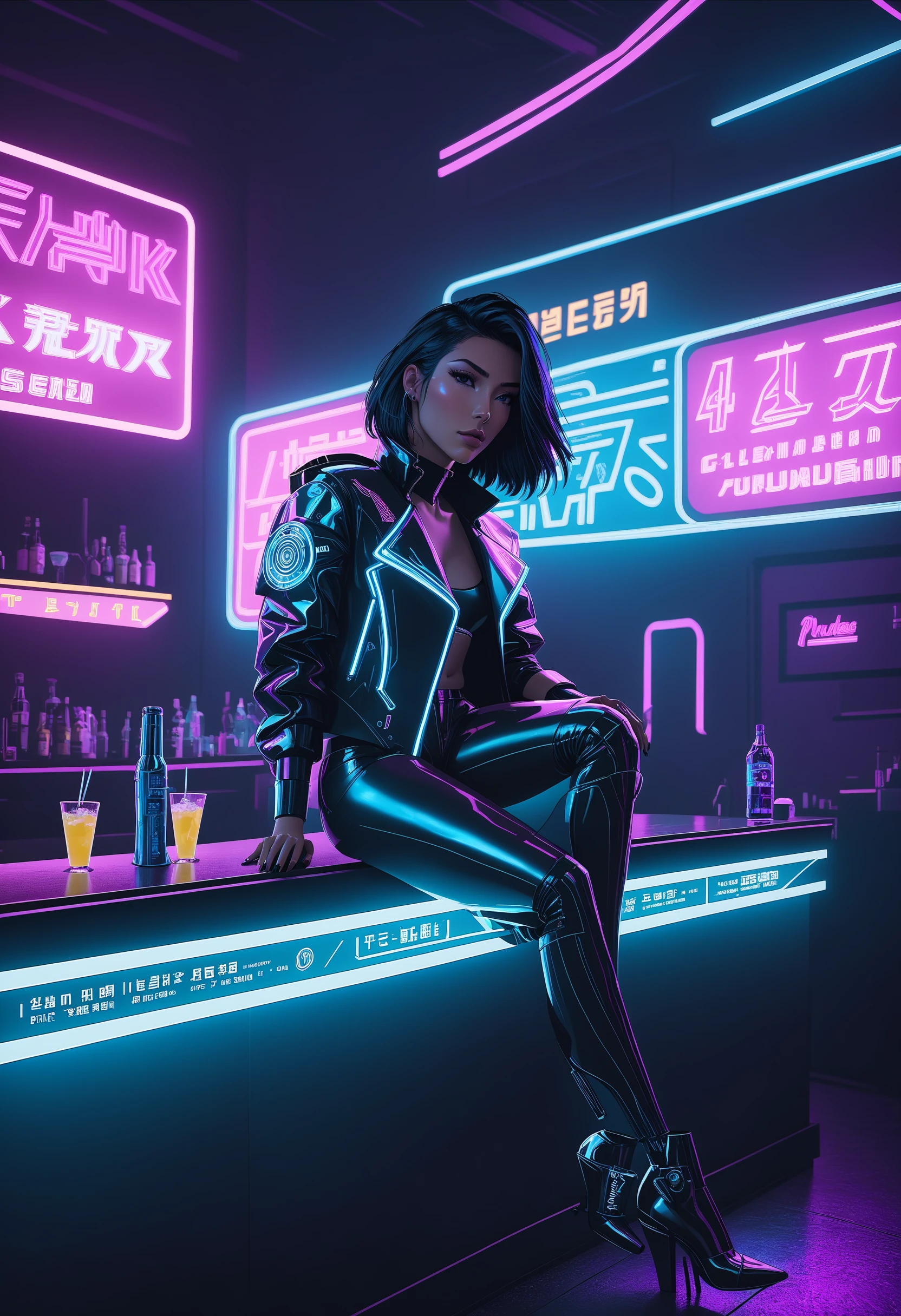 Cybercore Aesthetic, a woman sitting on a counter in a neon lit bar with neon signs and neon lights behind her and a neon sign behind her, cyberpunk style, cyberpunk art, cinema 4d, cinematic angle, cinematic lighting, best quality, masterpiece , <lora:Cybercore:0.8>