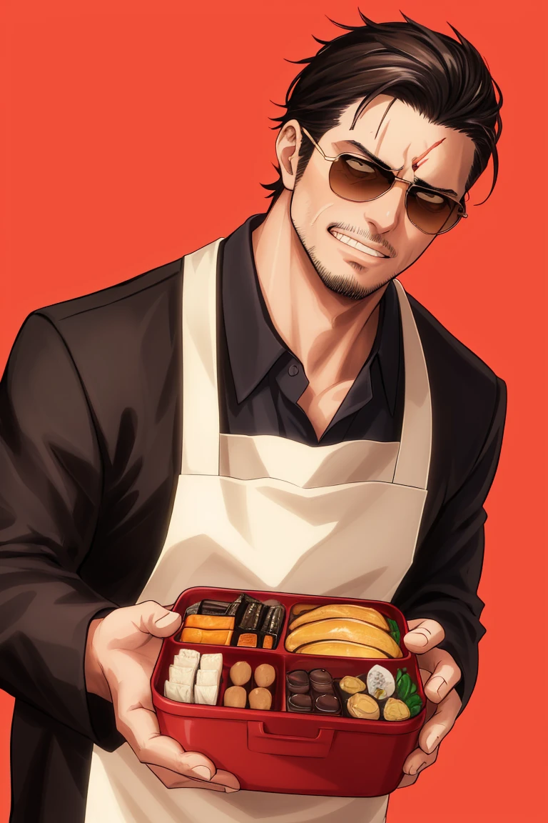 solo male, Tatsu, Japanese, househusband, yakuza, tattoos on body, black hair, slicked back hair, stubble, dark brown eyes, scar on face, casual-formal wear, dark collared shirt, black jacket, long sleeves, black pants, cream-colored apron with Shiba Inu print, (aviator sunglasses), black shoes, toned male, mature, handsome, charming, alluring, grin, (holding bento, Japanese-style packed lunch), upper body, perfect anatomy, perfect proportions, best quality, masterpiece, high_resolution, dutch angle, photo background, modern bright kitchen, pov, sunlight, bright background, , (perfect hands, perfect fingers), hands up<lora:EMS-310194-EMS:0.600000>