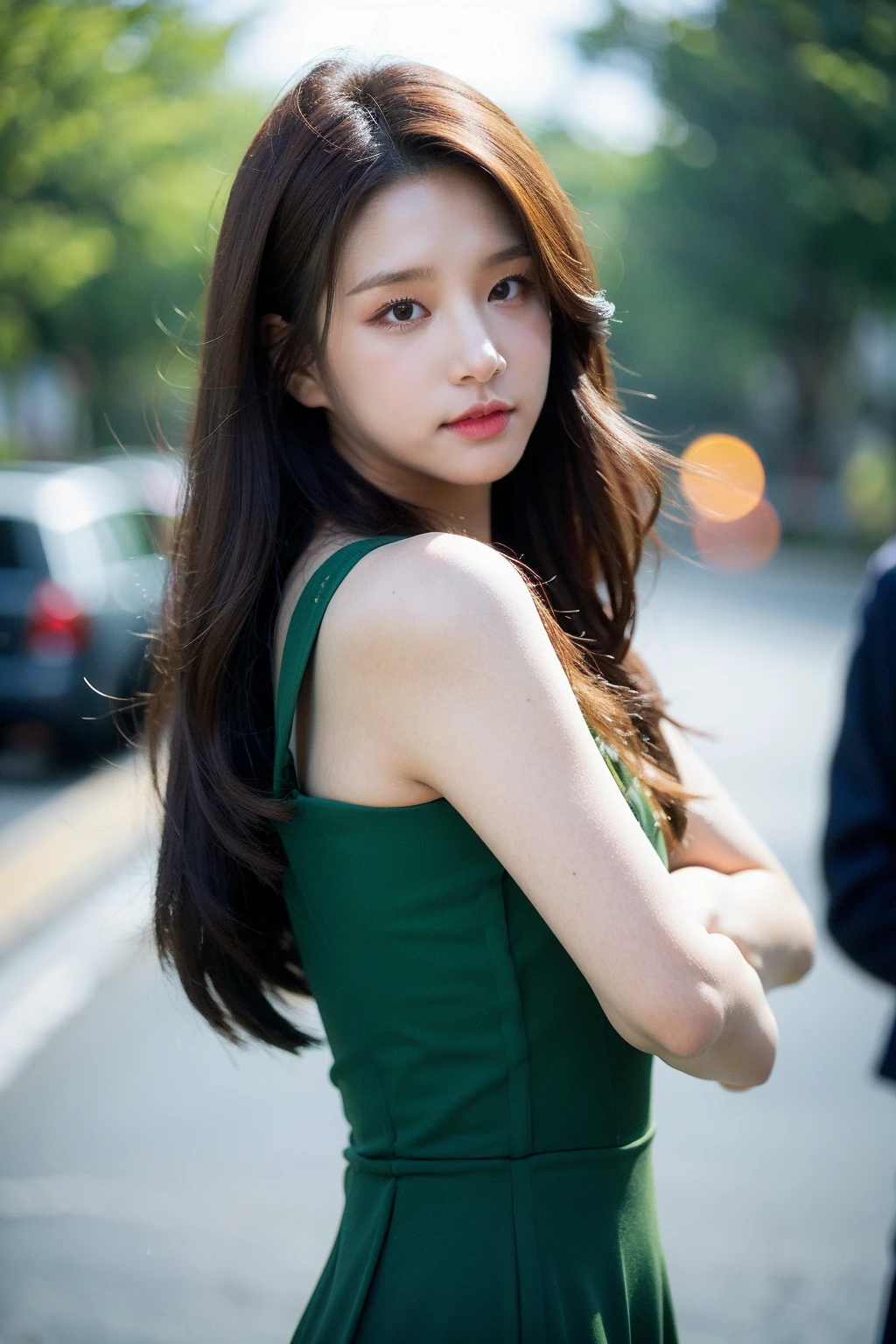 Best quality, masterpiece, ultra high res, (photorealistic), raw photo,1girl, skinny, upper body,solo, realistic, looking at viewer, long hair, bokeh background, city streets,brown eyes, bohemian dress,   <lora:makina69_solbin_v1.0:1>