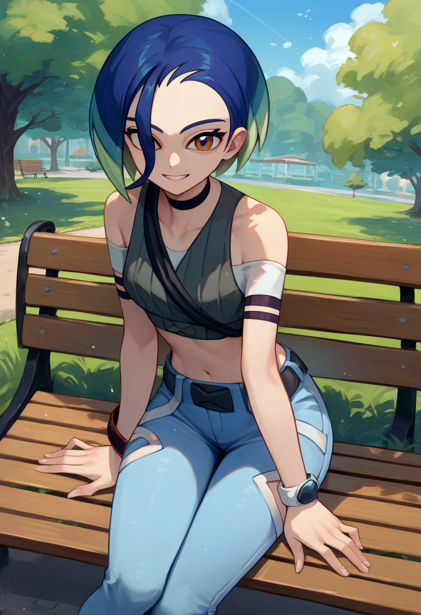 score_9, score_8_up, score_7_up, source_anime, solo, 1girl, perrin, smile, looking at viewer, sitting, park bench, crop top, blue pants, bare shoulders, outdoors <lora:pokemon_perrin_ponyXL:1>