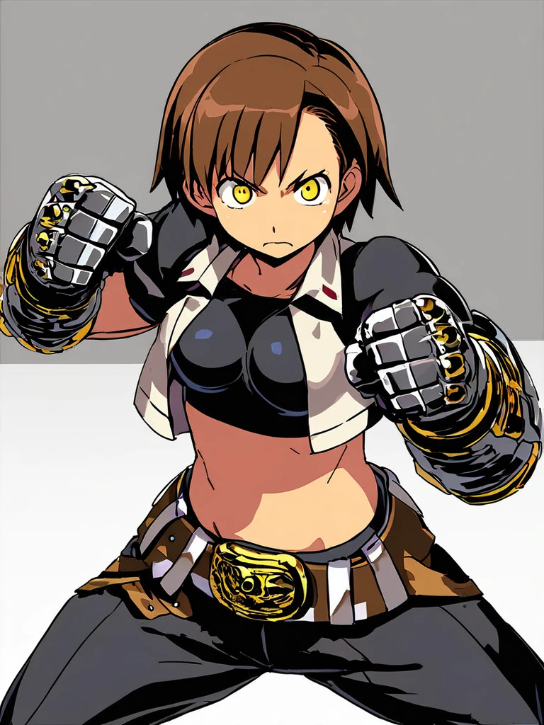 <lora:Himukai-PonyXL-1024px:1>
source_anime,
1girl, solo, fighting_pose, clenched_fists, black bikini_top_only, puffy pants, belt, metal gauntlets, midriff, short brown hair, yellow eyes