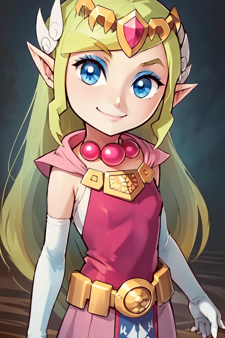 ((masterpiece,best quality)), anime style, <lora:Toon_Zelda_v1:0.8>, toon zelda, 1girl, solo, smile, gloves, dress, jewelry, elbow gloves, belt, blue eyes, tiara, looking at viewer, cowboy shot,