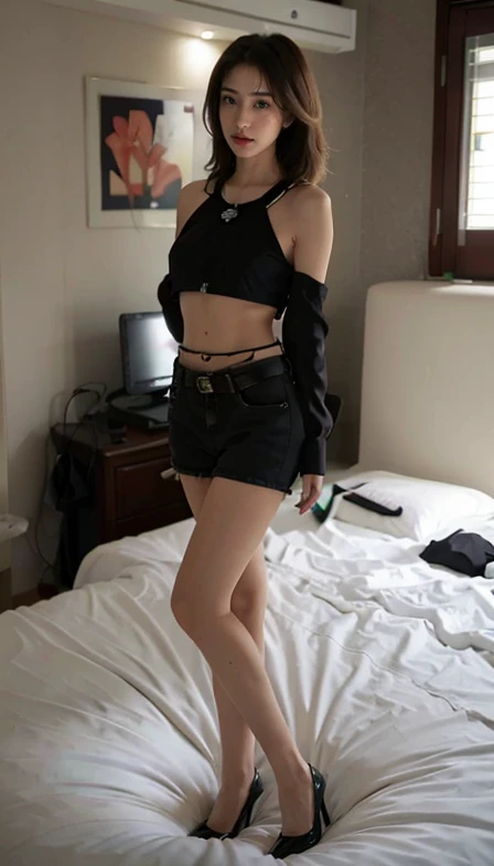 a young slim body femboy with a top on and a choker with a chain connected to it in skirts, black toenails, sitting on a bed loooking into the camera one hand on his penis one hand on his waist 
