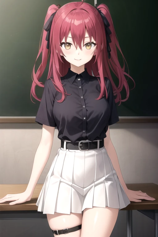 ((masterpiece)),(best quality),official art,extremely detailed CG,unity 8k wallpaper,ultra detailed,beautiful detailed eyes,extremely detailed face,classroom,1girl,solo,cowboy shot,looking at viewer,facing viewer,smile,Tenjiku Amane,ahoge,long hair,red hair,two side up,hair ribbon,black ribbon,bangs,hair between eyes,yellow eyes,black shirt,collared shirt,large breasts,short sleeves,black belt,white skirt,pleated skirt,thigh strap,bare legs,strappy heels,toeless footwear,<lora:Tenjiku Amane(sin):0.6>,