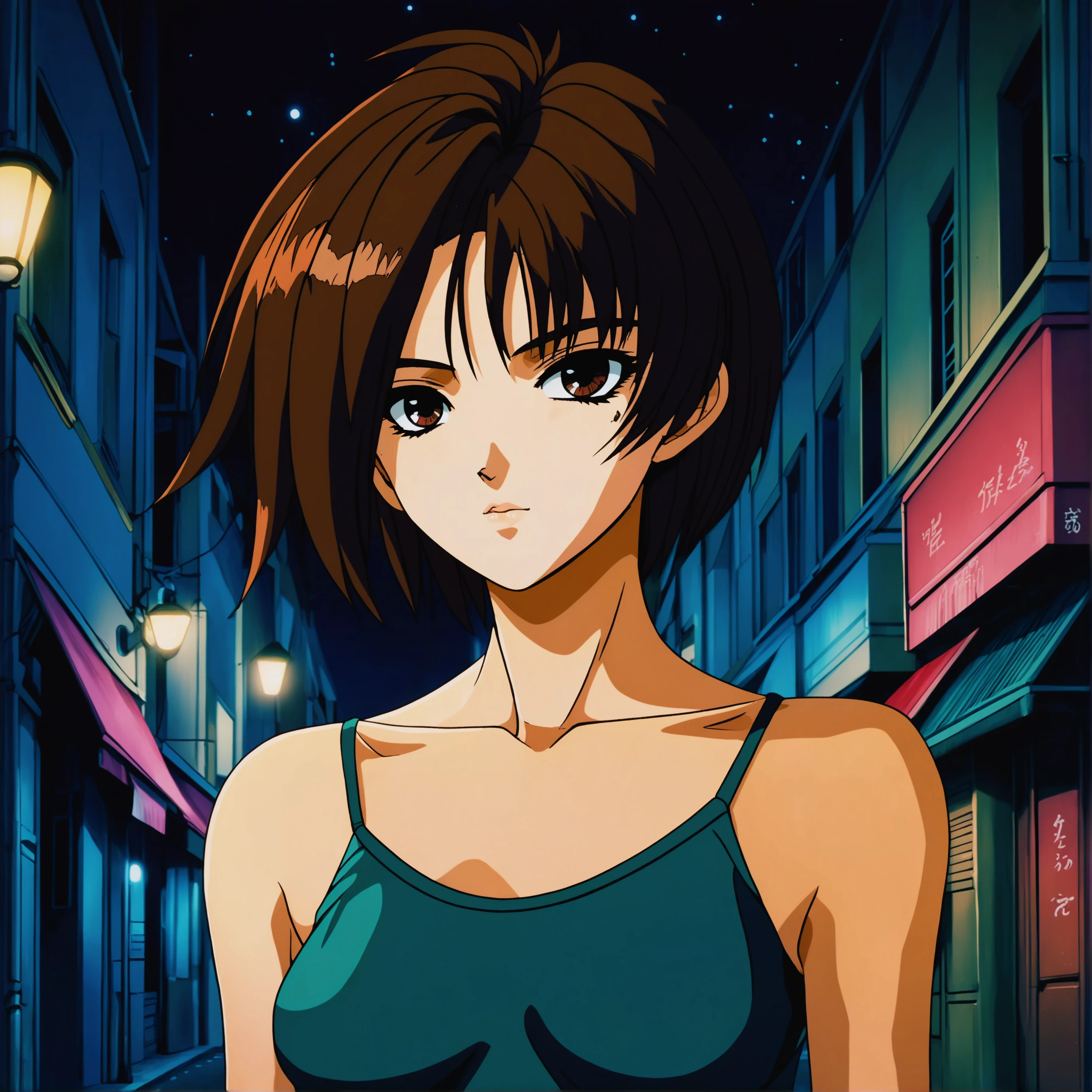 anime illustration of an anime girl with brown hair and small breasts wearing a colorful tshirt in paris at night, <lora:iria_zeiram:0.65>, intricate details