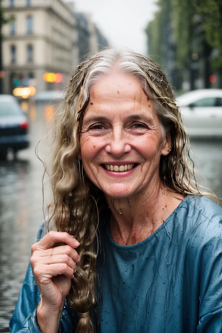 cinematic closeup photo mature older happy smiling hippie woman in rain, (wet very long messy hair:1.3), sweat stains, paris street, simple background . 35mm photograph, film, bokeh, professional, 4k, highly detailed