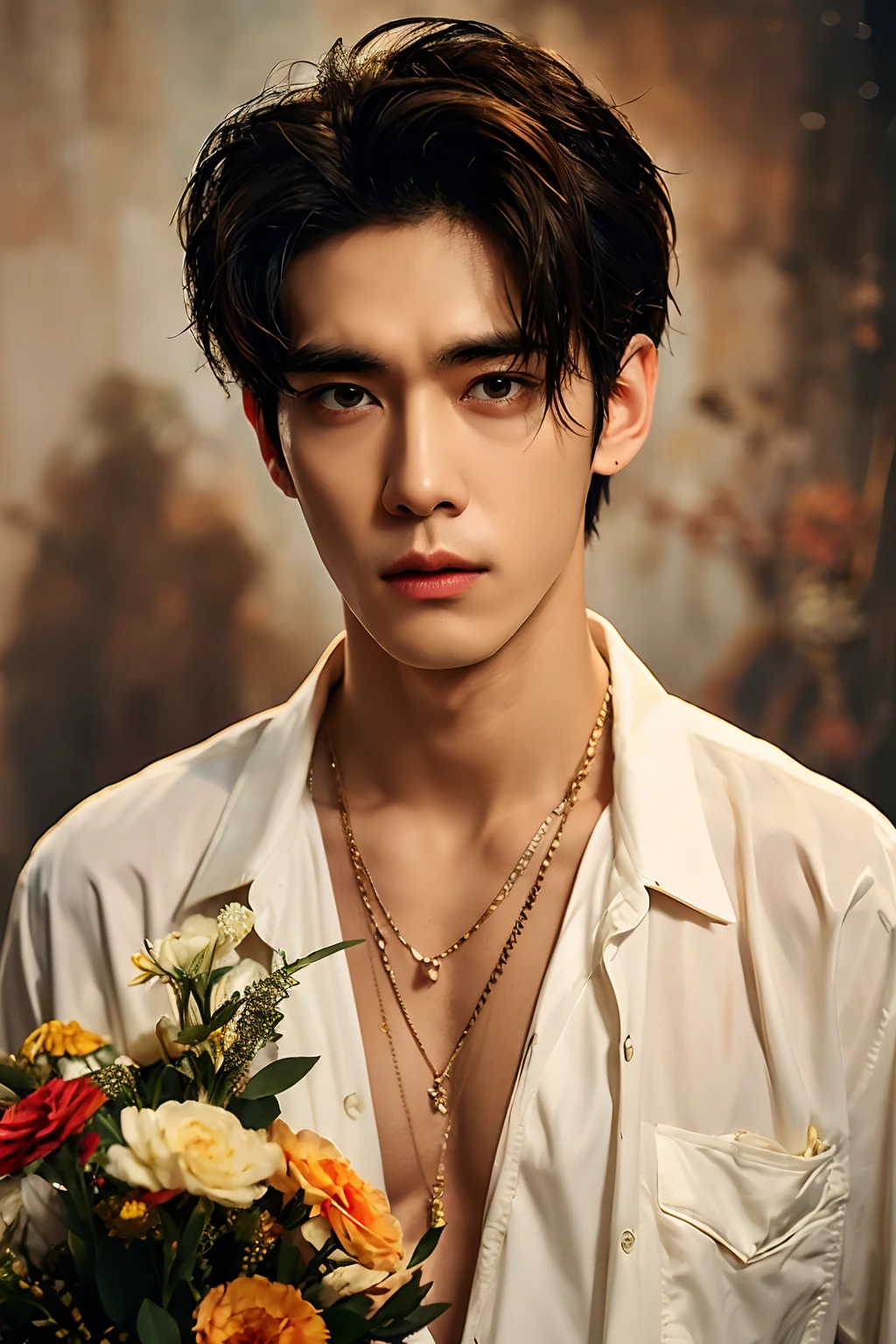 <lora:æ¼äº®ç·å­©:0.7>,a man with a flower bouquet in his hand and a shirt on his chest,wearing a necklace with a flower bouquet in it,