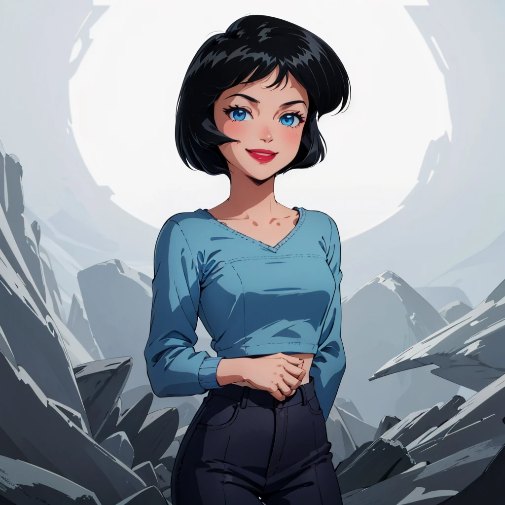 1girl,solo, dominique   , short hair, black hair, blue eyes, lipstick, smile, retro artstyle, <lora:Dominique_TotallySpies_Leaf1:0.8>, cowboy shot,  gradient background, looking at viewer,