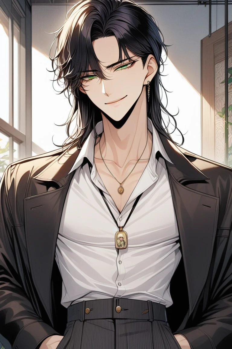 1boy,black_hair,long_hair,smirk,green_eyes,korean_fashion,white_shirt,black_coat,trousers,pendant,jesus_pendant,(masterpiece,best quality,highres:1.2),detailed,manhwa, detailed_face<lora:EMS-310465-EMS:0.800000>, <lora:EMS-289246-EMS:0.600000>