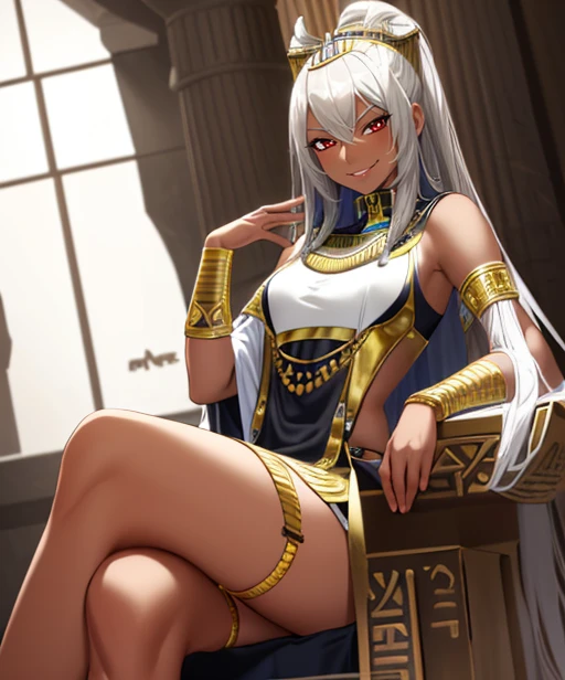 (adult woman), (1girl, solo), sitting on a throne, crossed legs, ((egyptian, pharaoh, dark skin)), (mischievous smirk, seductive smile), (silver hair), (red eyes), ((eqyptian temple)), ((best quality, high detail)), ((masterpiece)), <lora:1_fumio_13e:1>
