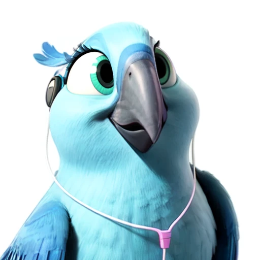 Carla, sfw, spix macaw,female, blue feathers, 3d, cgi, detailed, smile <lora:Carla(BirdMovie,Rio):0.7> earphones, iphone