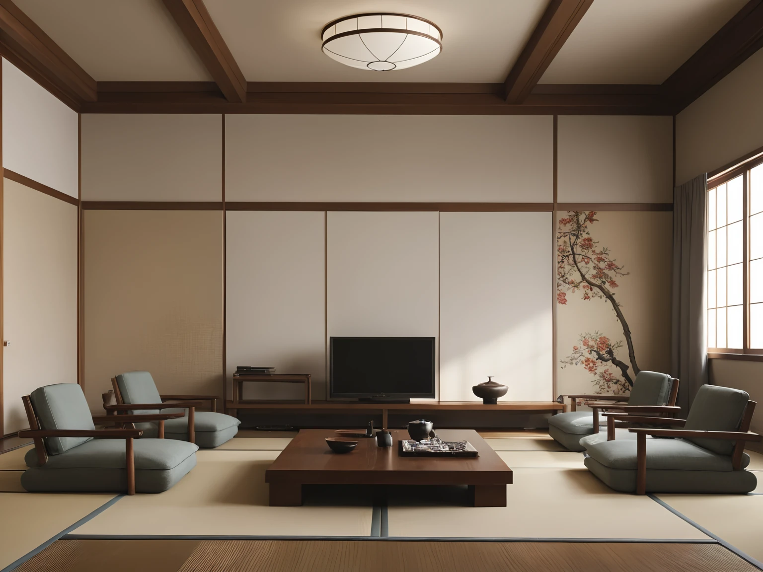 <lora:JJsJapaneseInterior_XL:1>, ((best quality)),((masterpiece)),((realistic)), (((Japanese Interior))) , no humans, floor, indoor, photorealistic, ceiling light,Masterpiece, high quality, best quality, authentic, ,windows , monitor, table, chair, sofa,