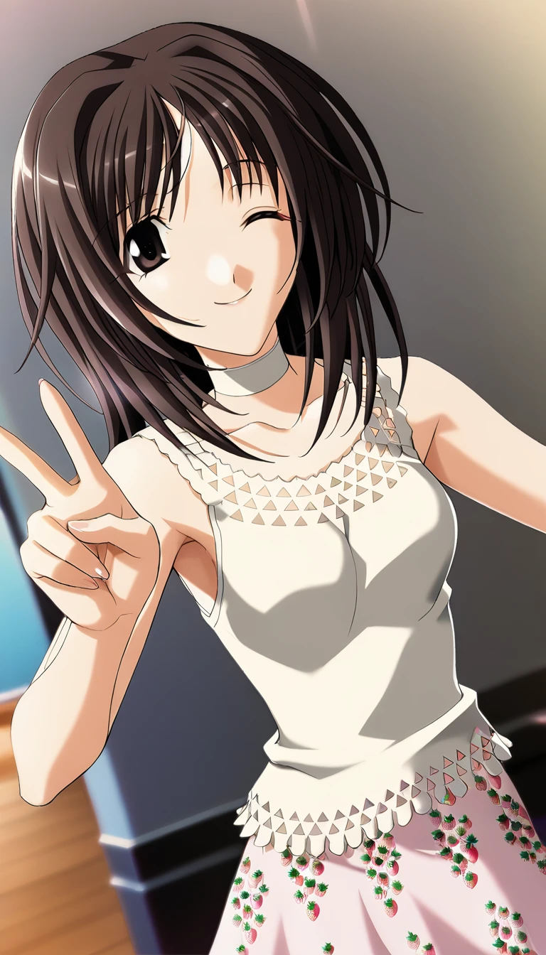 1girl,kashima neo, white camisole, strawberry pattern on the skirt,  triangular cutouts on the camisole, pink skirt, white ribbon choker,  smile, looking at viewer,one eye closed ,  foreshortening,v, bare shoulders,solo,masterpiece,best quality,game cg, (illustration:1.2),(extremely fine and beautiful),(perfect details),(unity CG 8K wallpaper:1.05),(ray tracing),(beautiful and clear background:1.25),(depth of field:0.6), (detailed beautiful eyes:1.3),(beautiful face:1.2),<lora:KashimaNeoXL:1>
