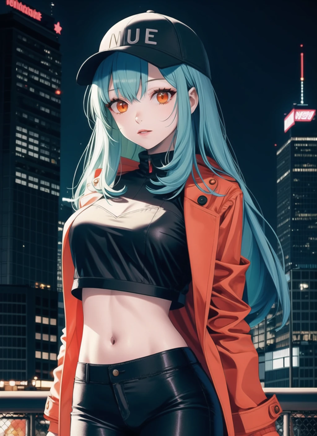 crop top overhang, 1girl, medium breasts, long hair, light blue hair, orange eyes, (orange coat), black pants, baseball cap, evening, cityscape, cyberpunk aesthetic, <lora:crop_top_overhang_v2:0.9>