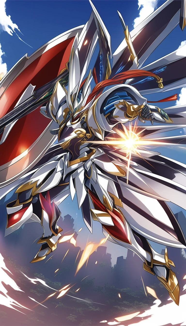 anime artwork of (ultra-detailed:1.5),(FRS:1.4),mecha,fantasy,(detail mecha armor:1.6),glowing red eyes,(battle scene:1.5),(full body:1.5),(fighting pose:1.8),clenched hand,mechanical parts,robot joints,(holding huge weapons:1.5),best quality,masterpiece,highly detailed,(Detailed eye:1.2),(huge mechanical weapon:1.3),(detailed armor:1.8),(detailed shield:1.2),(detailed weapon:1.2),(huge mechanical gun:1.2),<lora:srdxl_v2_7_5a01_for_amgxl3:0.8>,, anime style, key visual, vibrant, studio anime, highly detailed