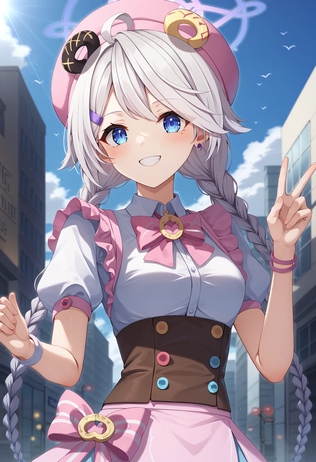 score_9,score_8_up,score_7_up,best quality,masterpiece,4k,prefect lighting,very aesthetic,anime,
BREAK
kirino \(idol\) \(blue archive\),1girl,solo,detailed blue sky,upper body, twin braids circle,smile
outdoors,city,<lora:NakatsukasaKirinoXL:0.8>,