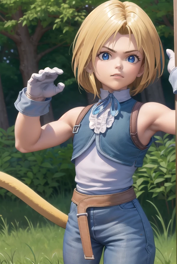 zidanetribal, <lora:zidane tribal-lora-nochekaiser:1>,
zidane tribal, short hair, blue eyes, blonde hair, brown hair, male focus, (parted bangs:1.5),
BREAK shirt, gloves, bare shoulders, tail, white shirt, boots, sleeveless, belt, pants, vest, sleeveless shirt, blue pants, grey gloves, monkey tail,
BREAK outdoors, castle,
BREAK looking at viewer, (cowboy shot:1.5), dynamic pose,
BREAK <lyco:GoodHands-beta2:1>, (masterpiece:1.2), best quality, high resolution, unity 8k wallpaper, (illustration:0.8), (beautiful detailed eyes:1.6), extremely detailed face, perfect lighting, extremely detailed CG, (perfect hands, perfect anatomy),