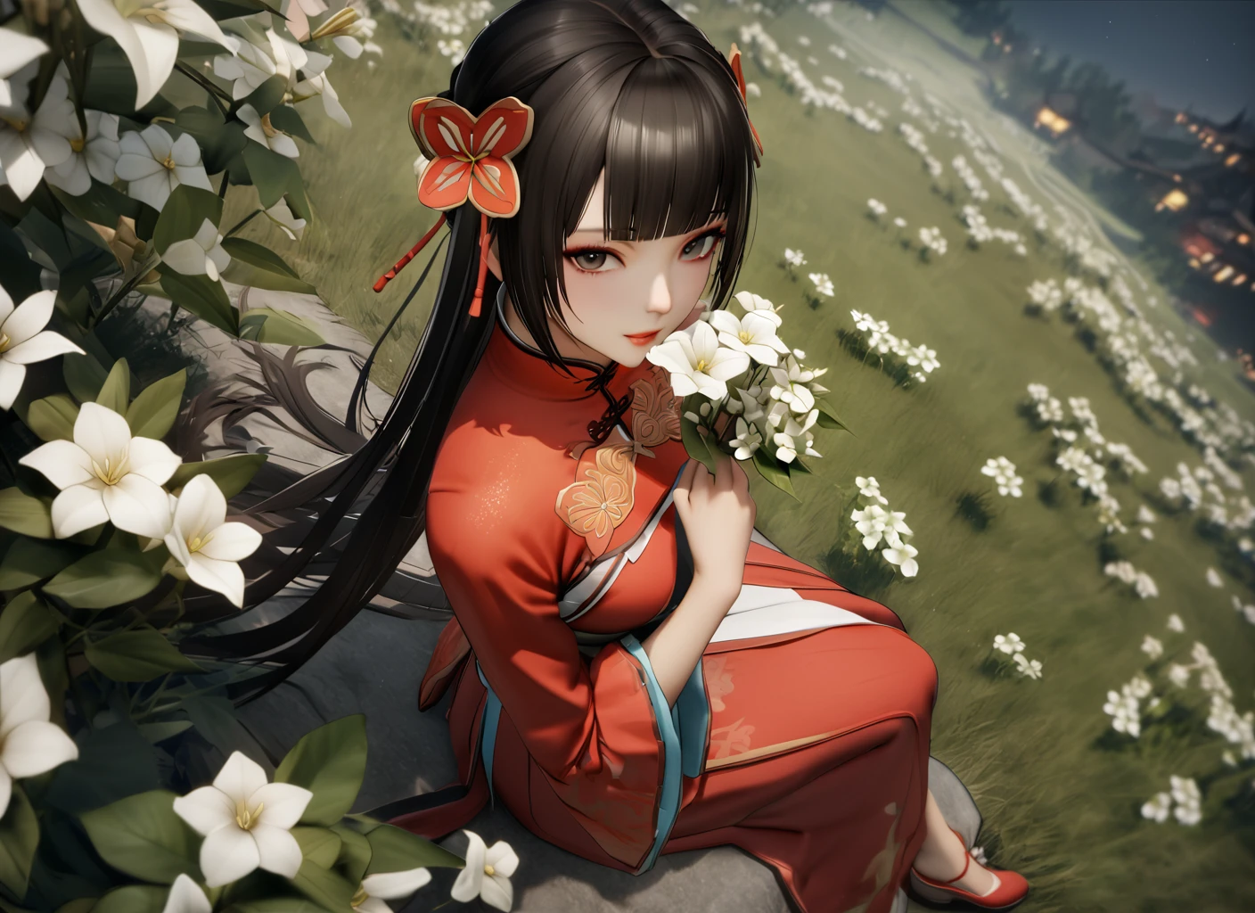 masterpiece, best quality, dynasty warriors_daqiao, chinese clothes, red dress, from side, looking at viewer, from above, black eyes, long hair, blunt bangs, sitting, white flowers, jasmine \(flower\), night, flower land, grasslands, flowers on hand, <lora:dynasty warrios_å¤§ä¹_xl:0.7> <lora:lily_style_xl:0.4>