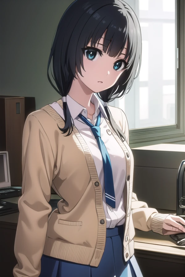 emayasuhara, <lora:ema yasuhara s1-lora-nochekaiser:1>,
ema yasuhara, long hair, black hair, twintails, (black eyes:1.3), low twintails,
BREAK skirt, school uniform, necktie, cardigan, shirt, grey shirt, black skirt, yellow cardigan,
BREAK indoors, office,
BREAK looking at viewer, (cowboy shot:1.5), dynamic pose,
BREAK <lyco:GoodHands-beta2:1>, (masterpiece:1.2), best quality, high resolution, unity 8k wallpaper, (illustration:0.8), (beautiful detailed eyes:1.6), extremely detailed face, perfect lighting, extremely detailed CG, (perfect hands, perfect anatomy),