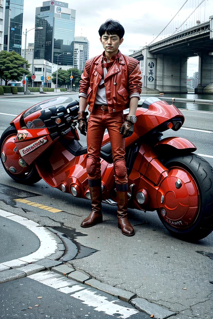 ((Japanese young  man standing in front of motorcycle))<lora:akira_kaneda:1> kaneda shotaro, solo, 1boy, male focus, jacket, red jacket, boots, motorcycle, red gloves, pants <lora:AkiraSBK_v3:.3> krsbk, vehicle focus, realistic ((red futuristic motorcycle stickers)) ((ultra-HD-details)) ((detailed amazing hyper_detailed, absurdres, photo, masterpiece))  
((detailed healthy, pale skin, pores, tones, creases, folds)) ((8k award winning, best quality)) 
RAW photo, subject, 8k uhd, soft lighting, high quality, film grain, Fujifilm XT3 ((futuristic tokyo city background))