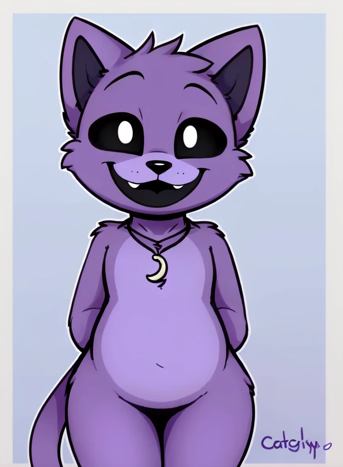 cat day, cuerpo completo, de pie, mirando al espectador, sonrisa, boca cerrada, ojos negros, (collar en forma de media luna), ojos negros, boca negra, pelaje morado, cuerpo completo((hybrid penis erection))),(((erreccion de semen)