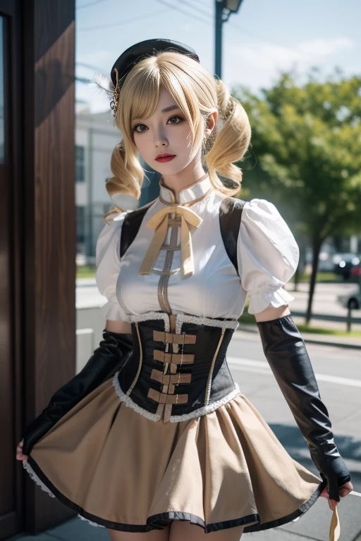 ltra-detailed,highly detailed,best quality,masterpiece,illustration,realistic,photorealistic,
tomoe mami, magical girl, cosplay, 1girl, solo,
hat, corset, shirt, puffy sleeves, detached sleeves, pleated skirt, fingerless gloves, neck ribbon,
twin drill hair, long hair, bangs, hair ornament, twintails, hairpin,
cowboy shot, cowboy shot,
<lora:tomoe mami_v1_02:0.7>