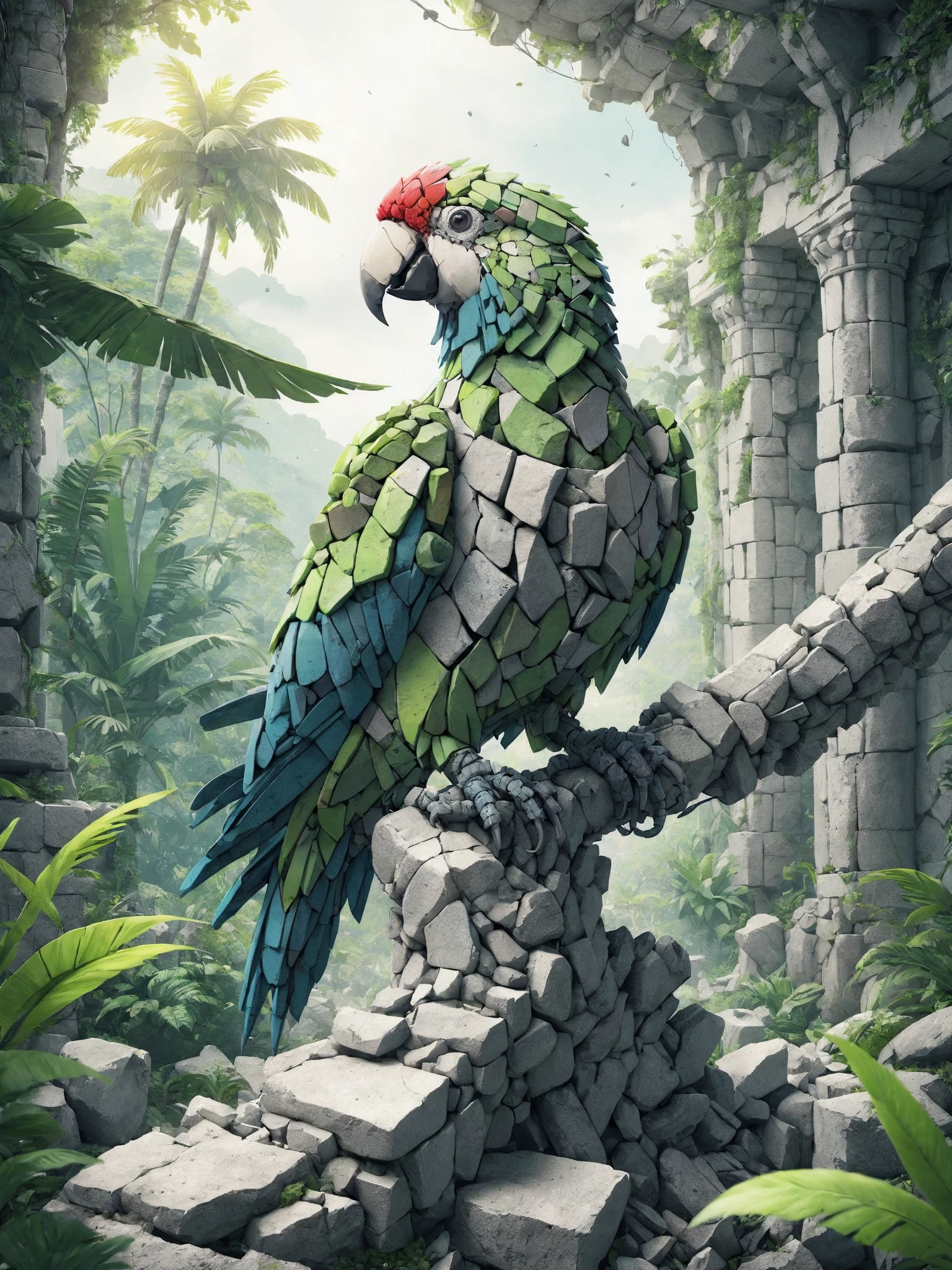parrot made of mad-rubble in lush jungle, <lora:Rubble_SDXL:0.9>, (masterpiece:1.2), best quality, (hyperdetailed, highest detailed:1.2), high resolution textures
