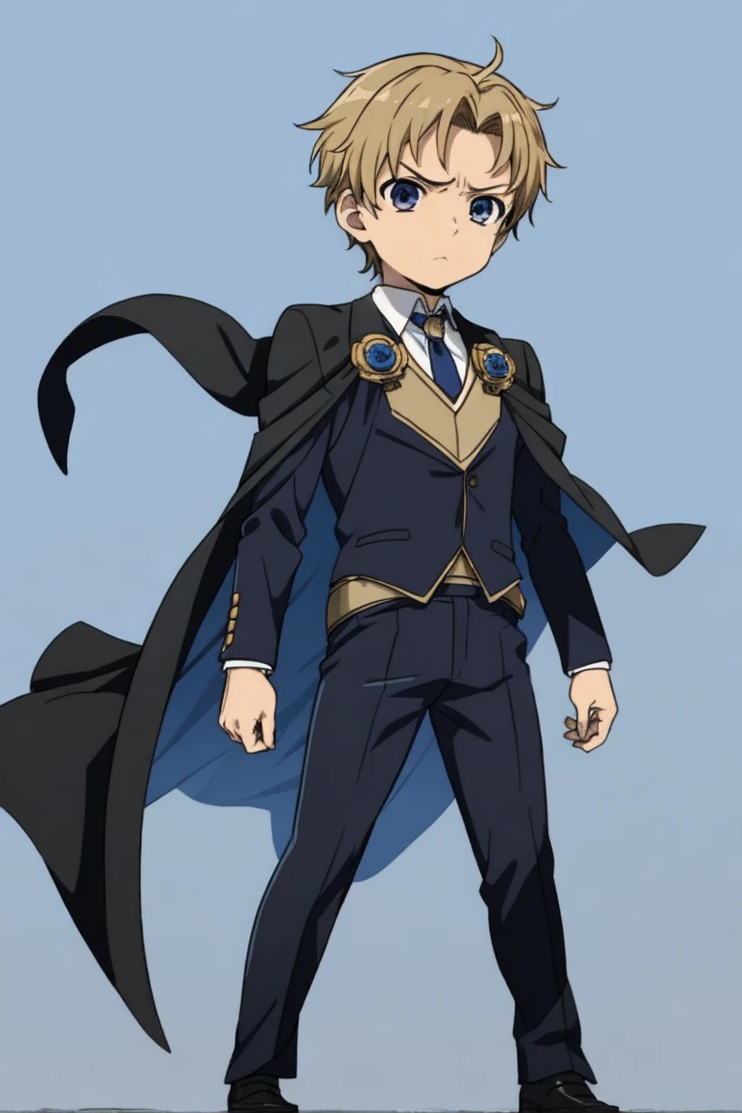 masterpiece, chibi, full body, 1boy, solo, mature male, serious, toshirop5t, suit, shirt, necktie, short hair, cape, hero pose, rudeus, blue background,