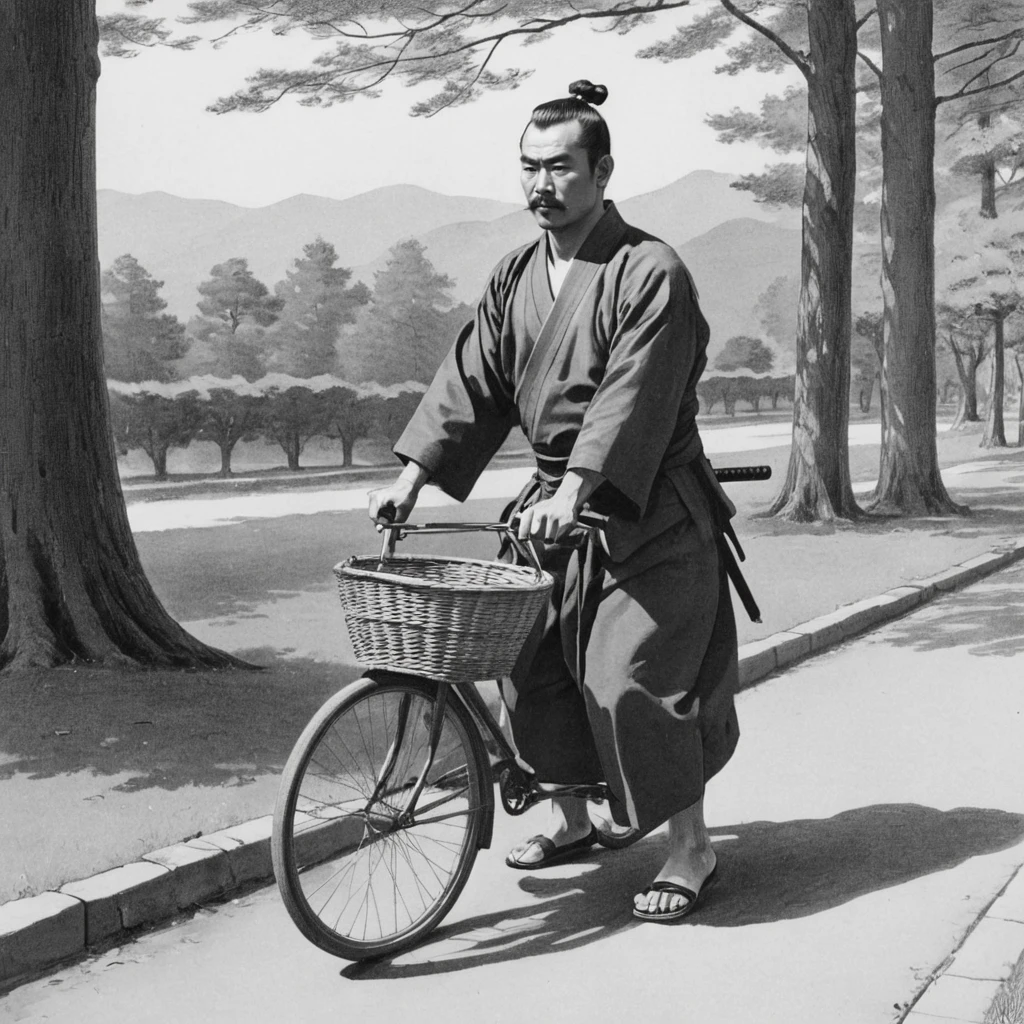 circa 1894, closeup, vintage  black ink drawing  (lineart, line art ink sketch illustration drawing, pen strokes, in the style of Charles Dana Gibson:1.3)  of b1k3g1rl, samurai man, topknot, katana,  yukata, ,  japanese clothes, sandals, outdoors, solo focus, day, tree, shadow, shirtwaist, basket, road, (riding, riding bicycle, bicycle), bicycle basket <lora:Girls_on_Bikes_XL:0.9>