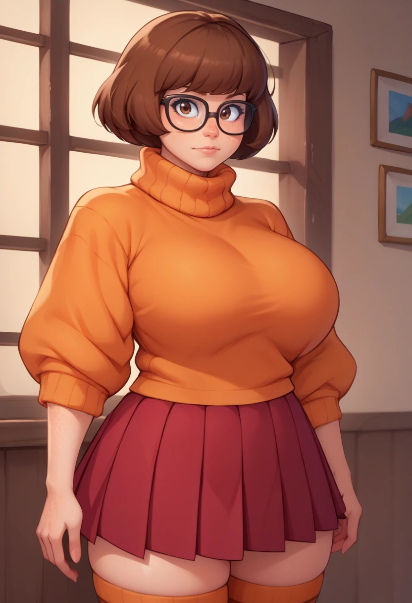 score_9, score_8_up, score_7_up, source_anime BREAK 1girl, VelmaXL, 1girl, solo, short hair, skirt, brown hair, shirt, pleated skirt, glasses, socks, kneehighs, red skirt, turtleneck, freckles, orange bra, upper body, cowboy shot, brown eyes, large breasts, huge breasts, skirt lift, thight white panties, (elbow squeeze, breasts squeezed together), 