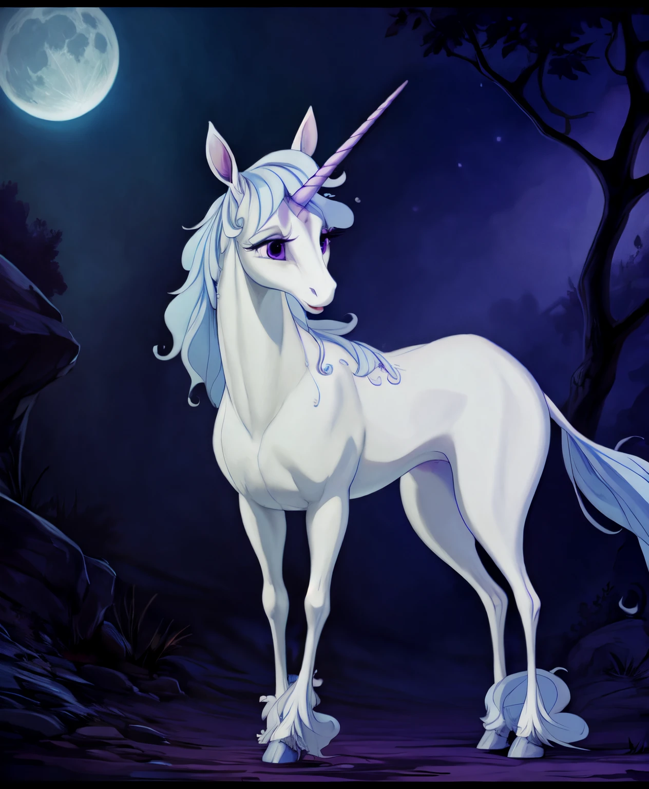 solo, feral, (unicorn), blue hooves, (ankle tuft), Amalthea, (amalthea (tlu)),(the last unicorn ),(large eyes),equine, (purple star on forehead), close-up, (thin legs), (one horn), (big eyes), (anime), (mythological equine), (light blue mane), detailed eyes, slender, tall, gracile, (eyelashes ),(purple eyes), curly hair, white body, white coat, (on all fours), (standing), tail, full body view, (front view),looking at viewer, night time, moon, at night, blue forest, magic, (magic glow), in a lush fantasy forest, (best quality), masterpiece, best quality, 4k, 2k, (high detail),{1-4$$by Faustsketcher|by Jessie Willcox Smith|by Albert Marquet|by Cyril Rolando|by TheSecretCave|by Patto} <lora:Amalthea:1>