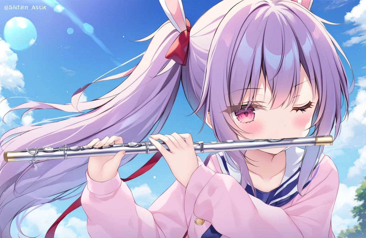 blue archive style,shikitani_asuka,ray tracing,1girl,laffey \(azur lane\),playing flute, flute,blue sky, from below, head down, one eye closed, <lora:flute:0.8>