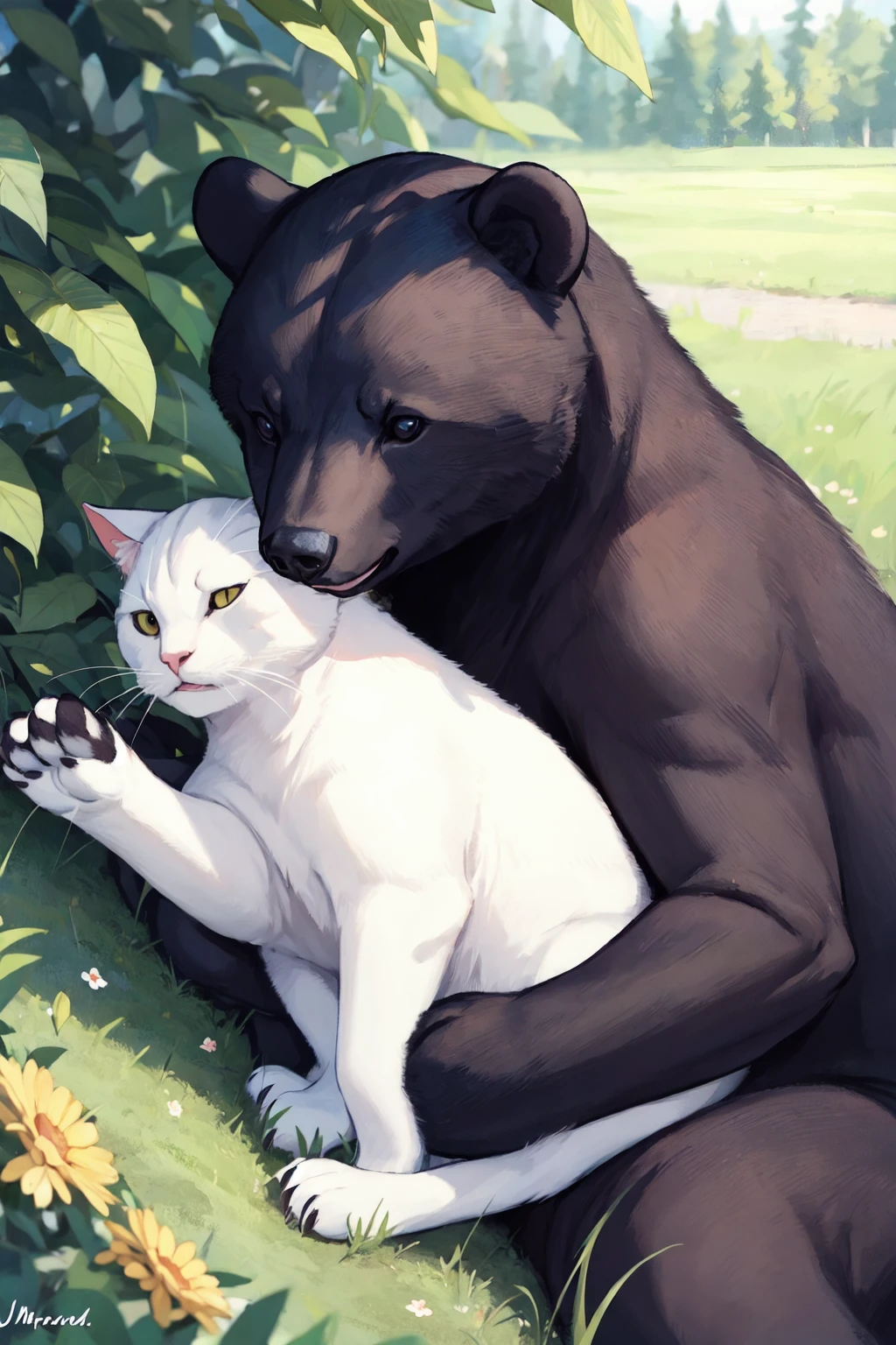 (black bear), outdoors,lying, BREAK ,(white cat), interspecies, paw,estrus <lora:animal:0.6>