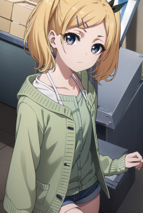 erikayano, <lora:erika yano s1-lora-nochekaiser:1>,
erika yano, short hair, blonde hair, hair ornament, twintails, hairclip, mole, (grey eyes:1.3), mole under eye, short twintails, ribbon, hair ribbon,
BREAK cardigan, shorts, (green cardigan:1.2), thighhighs, striped, striped thighhighs, grey shorts,
BREAK indoors, office,
BREAK looking at viewer, (cowboy shot:1.5), dynamic pose,
BREAK <lyco:GoodHands-beta2:1>, (masterpiece:1.2), best quality, high resolution, unity 8k wallpaper, (illustration:0.8), (beautiful detailed eyes:1.6), extremely detailed face, perfect lighting, extremely detailed CG, (perfect hands, perfect anatomy),