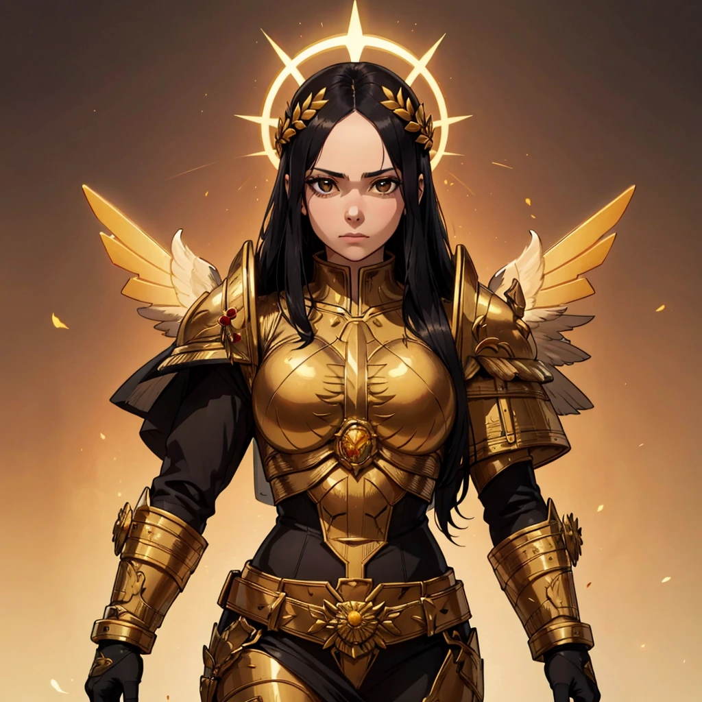 1girl, solo, god empress,   long hair, black hair,  brown eyes, laurel crown, parted bangs, forehead, halo, gold armor, shoulder armor, big pauldron,<lora:God_Emperess_Of_Mankind_Leaf1:0.6>, cowboy shot,