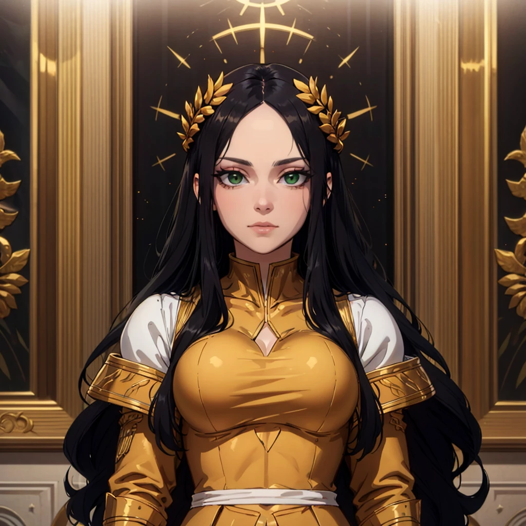 1girl, solo, god empress,   long hair, black hair,  brown eyes, laurel crown, parted bangs, forehead,    <lora:God_Emperess_Of_Mankind_Leaf1:0.6>, cowboy shot,